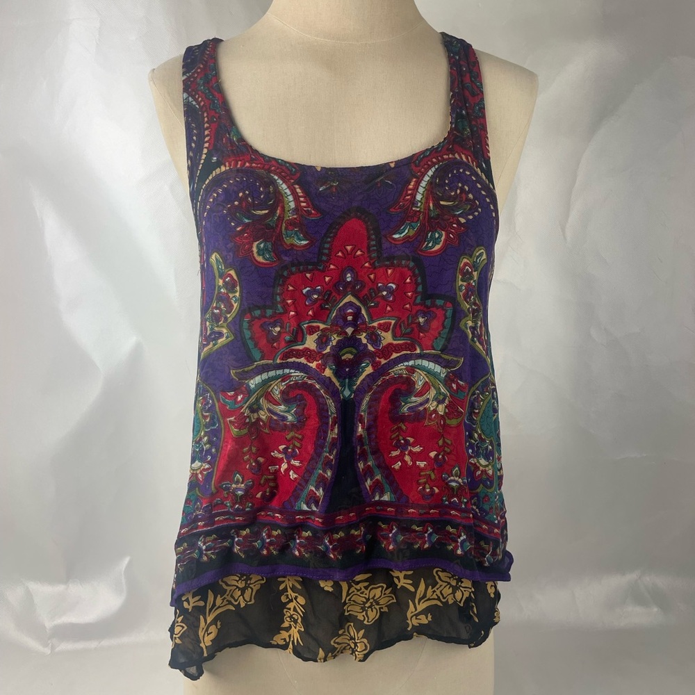 Patrons of Peace | Flirty Boho Festival Open Back Layered Racerback Tank Top M